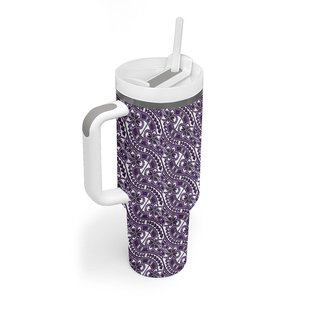 Hibiscus Bloom Island Tribal Waves Tumbler With Handle Purple Polynesian Pattern