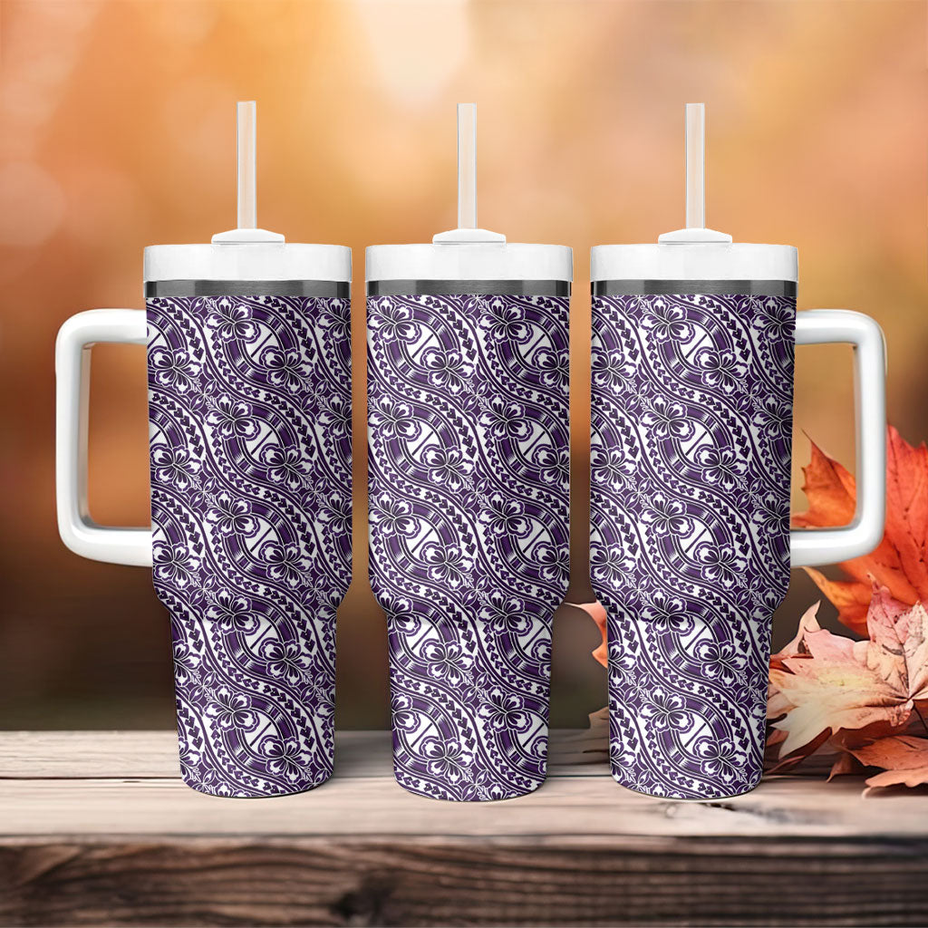 Hibiscus Bloom Island Tribal Waves Tumbler With Handle Purple Polynesian Pattern