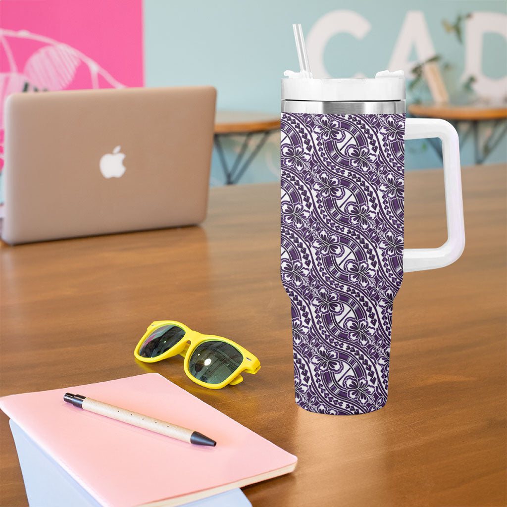 Hibiscus Bloom Island Tribal Waves Tumbler With Handle Purple Polynesian Pattern