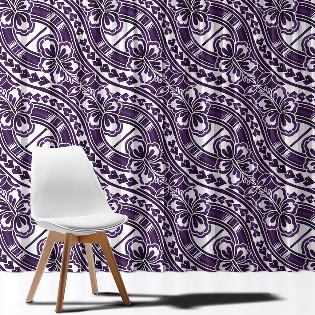 Hibiscus Bloom Island Tribal Waves Window Curtain Purple Polynesian Pattern