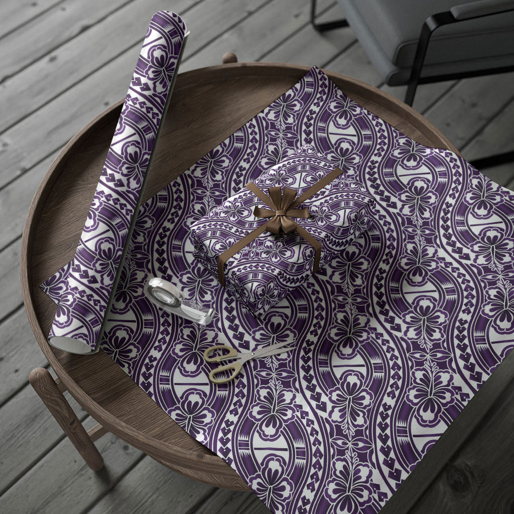 Hibiscus Bloom Island Tribal Waves Wrapping Paper Purple Polynesian Pattern