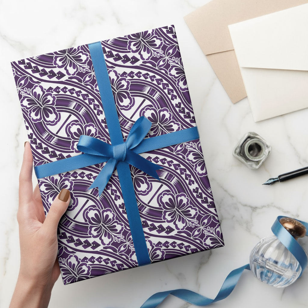 Hibiscus Bloom Island Tribal Waves Wrapping Paper Purple Polynesian Pattern