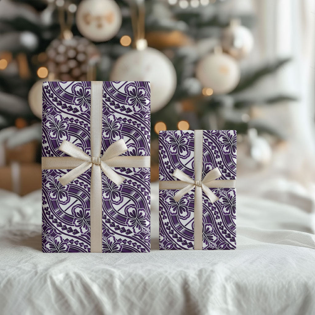 Hibiscus Bloom Island Tribal Waves Wrapping Paper Purple Polynesian Pattern