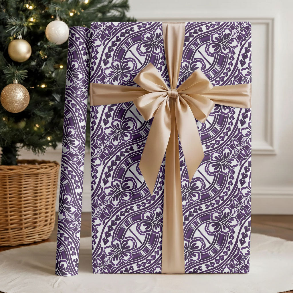 Hibiscus Bloom Island Tribal Waves Wrapping Paper Purple Polynesian Pattern