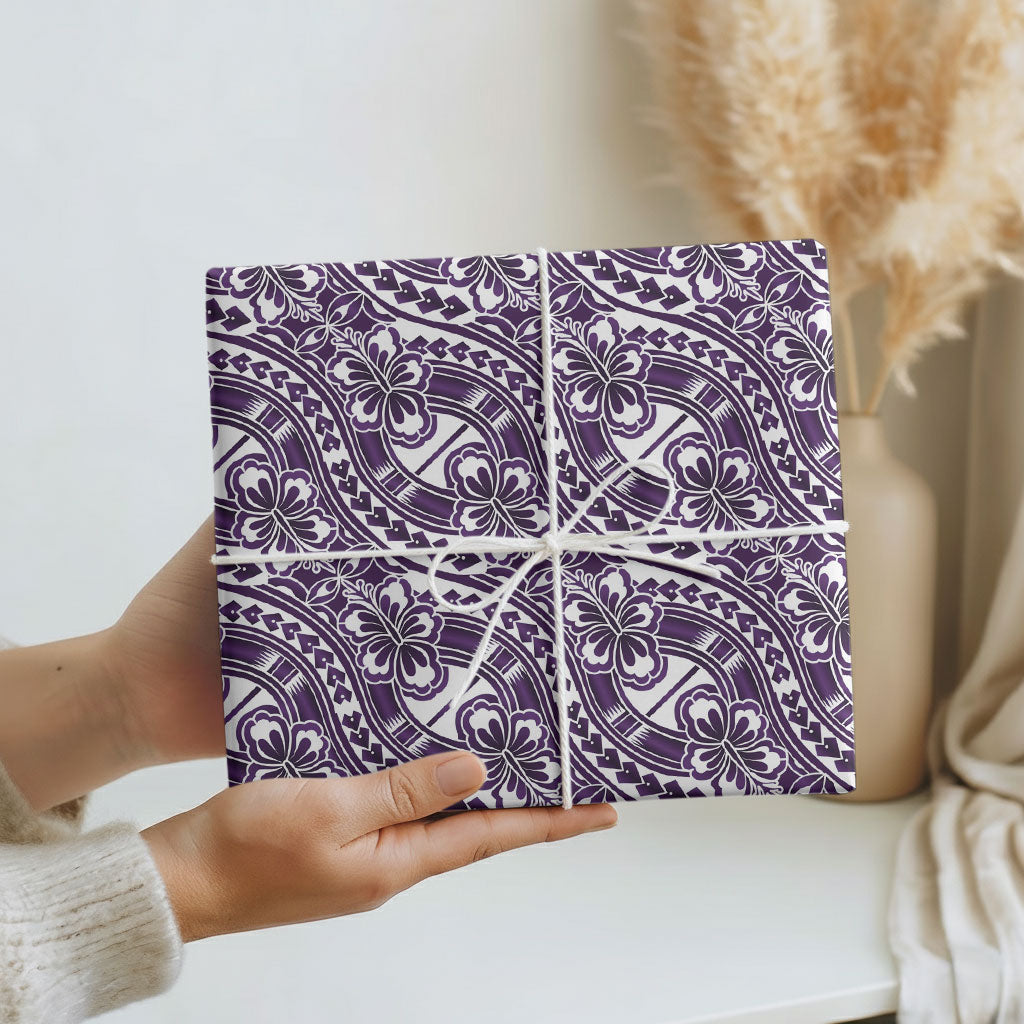 Hibiscus Bloom Island Tribal Waves Wrapping Paper Purple Polynesian Pattern