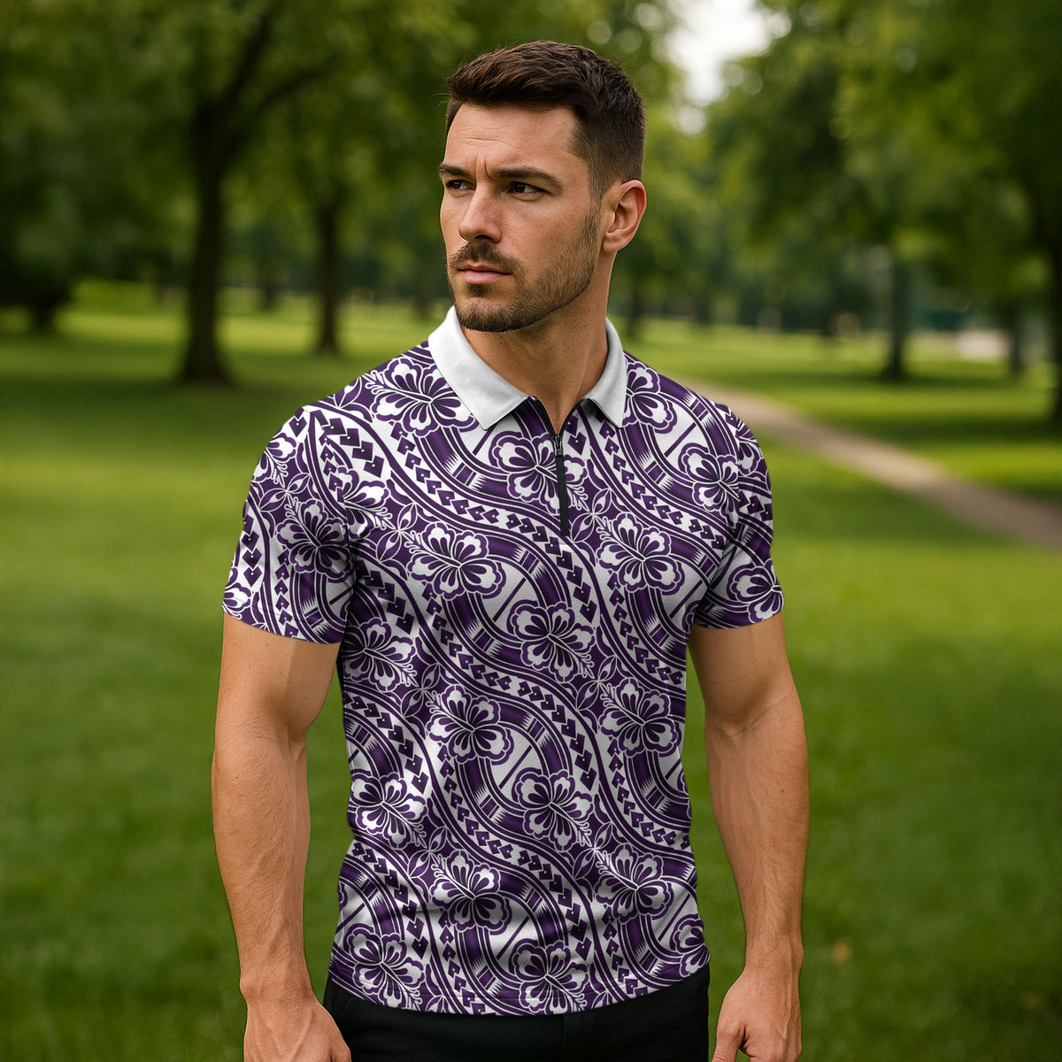 Hibiscus Bloom Island Tribal Waves Zipper Polo Shirt Purple Polynesian Pattern LT01 - Polynesian Pride