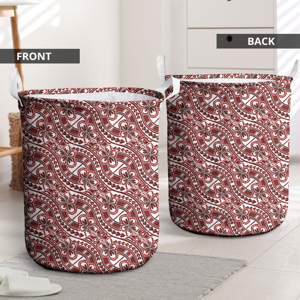 Hibiscus Bloom Island Tribal Waves Laundry Basket Red Polynesian Pattern