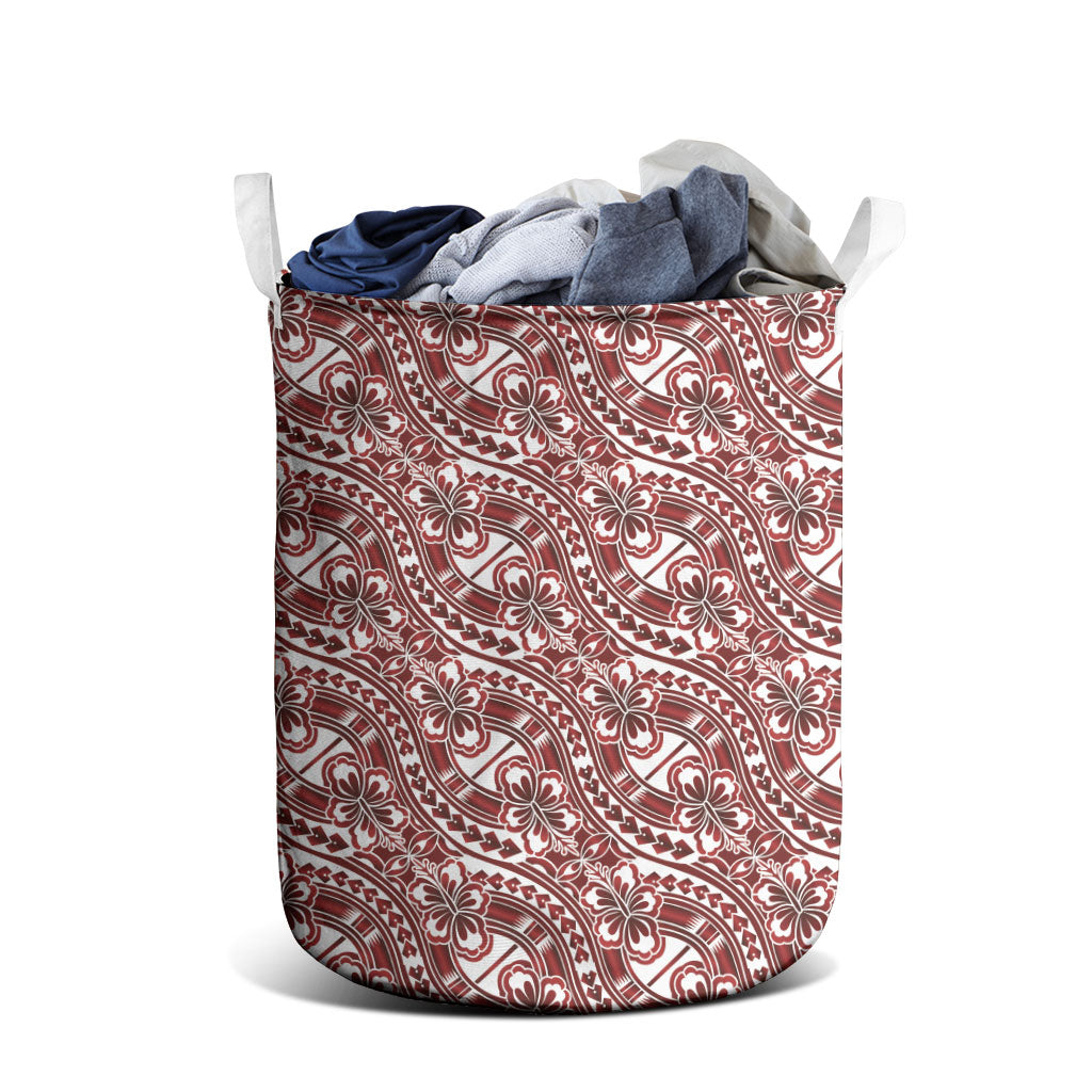 Hibiscus Bloom Island Tribal Waves Laundry Basket Red Polynesian Pattern