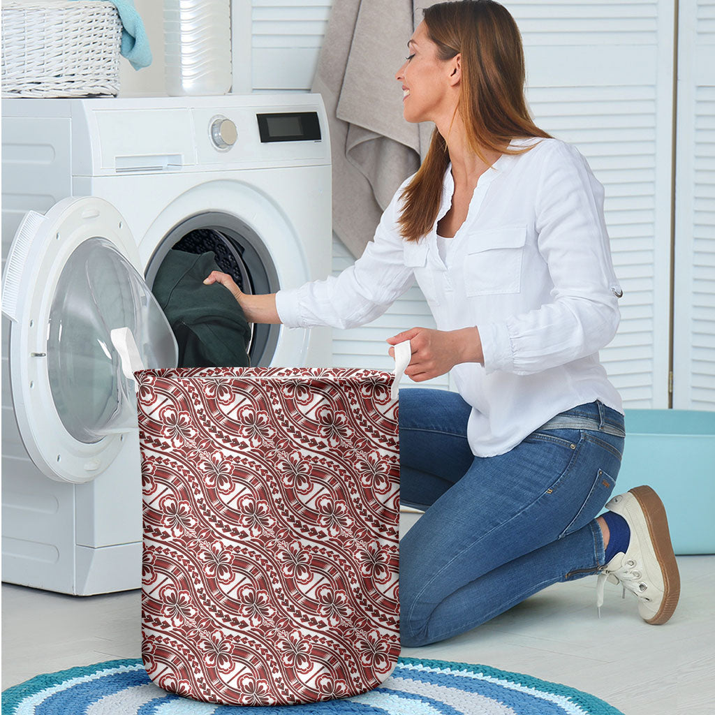 Hibiscus Bloom Island Tribal Waves Laundry Basket Red Polynesian Pattern