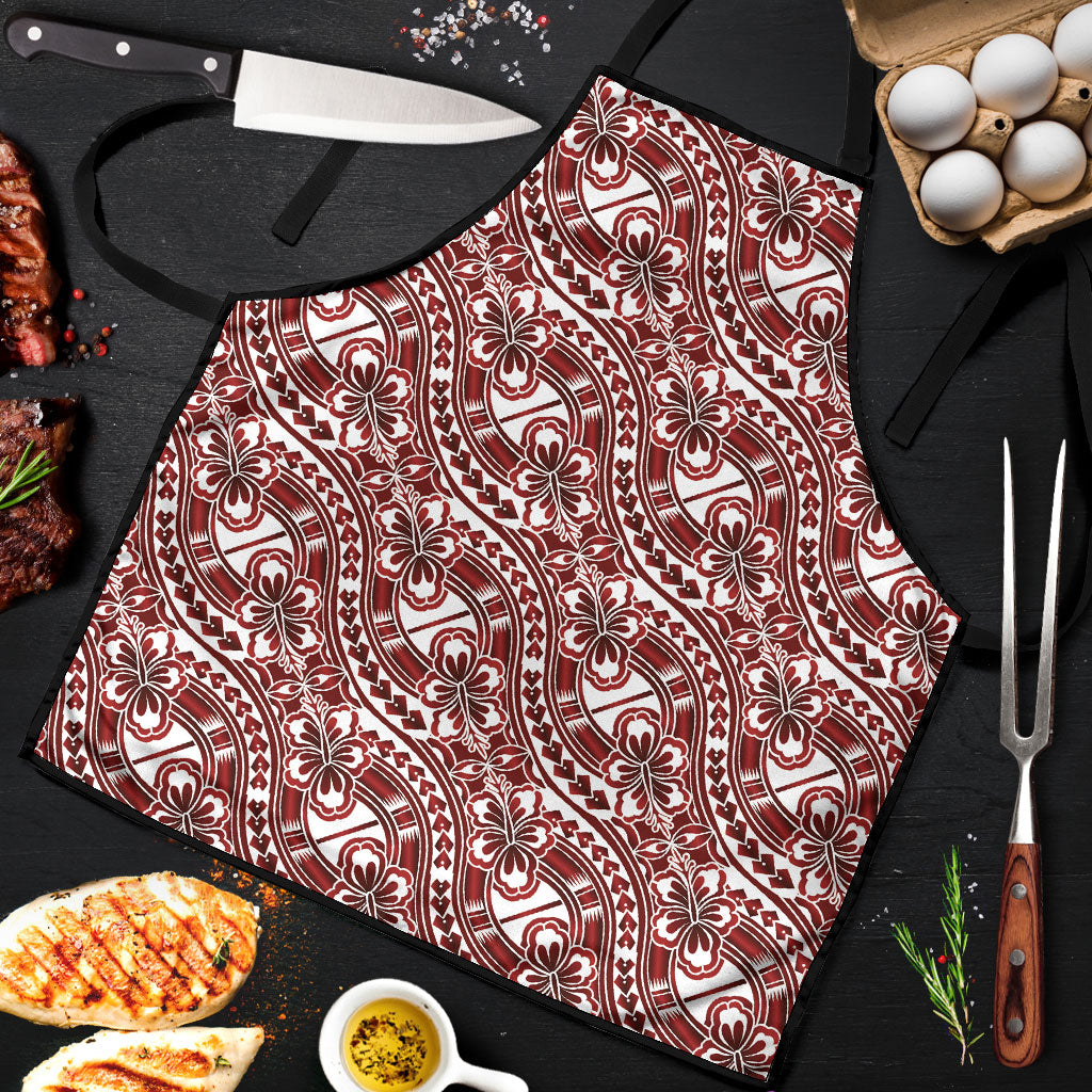 Hibiscus Bloom Island Tribal Waves Apron Red Polynesian Pattern