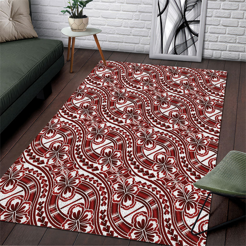 Hibiscus Bloom Island Tribal Waves Area Rug Red Polynesian Pattern