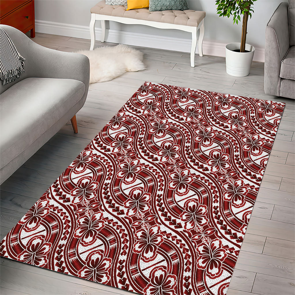 Hibiscus Bloom Island Tribal Waves Area Rug Red Polynesian Pattern