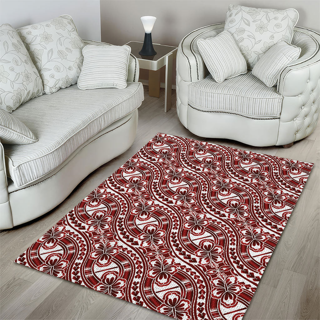 Hibiscus Bloom Island Tribal Waves Area Rug Red Polynesian Pattern