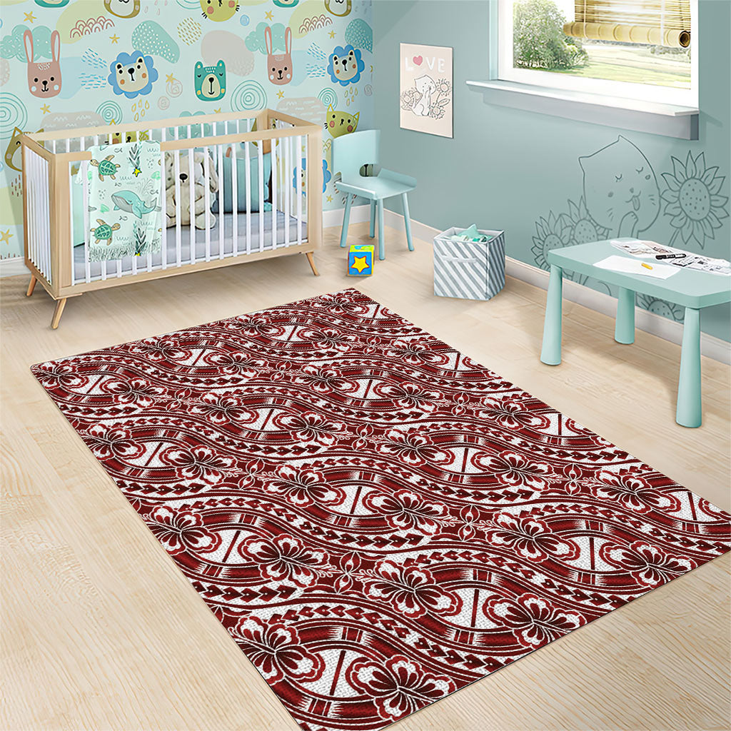Hibiscus Bloom Island Tribal Waves Area Rug Red Polynesian Pattern