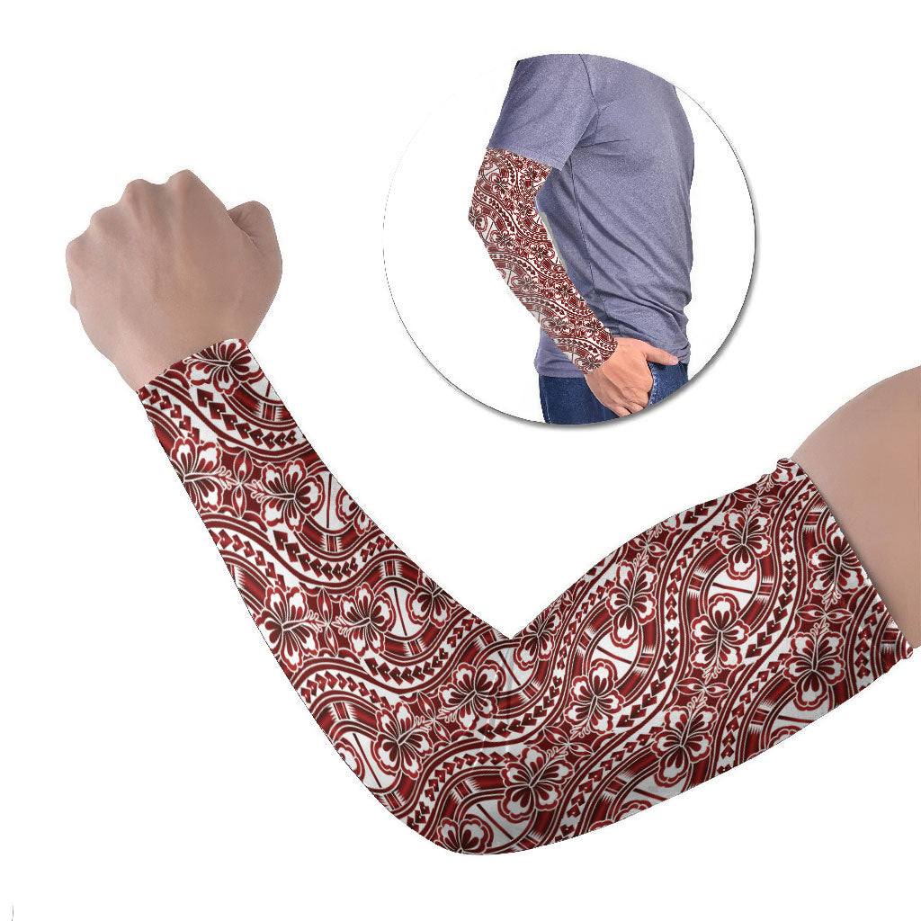 Hibiscus Bloom Island Tribal Waves Arm Sleeves Red Polynesian Pattern