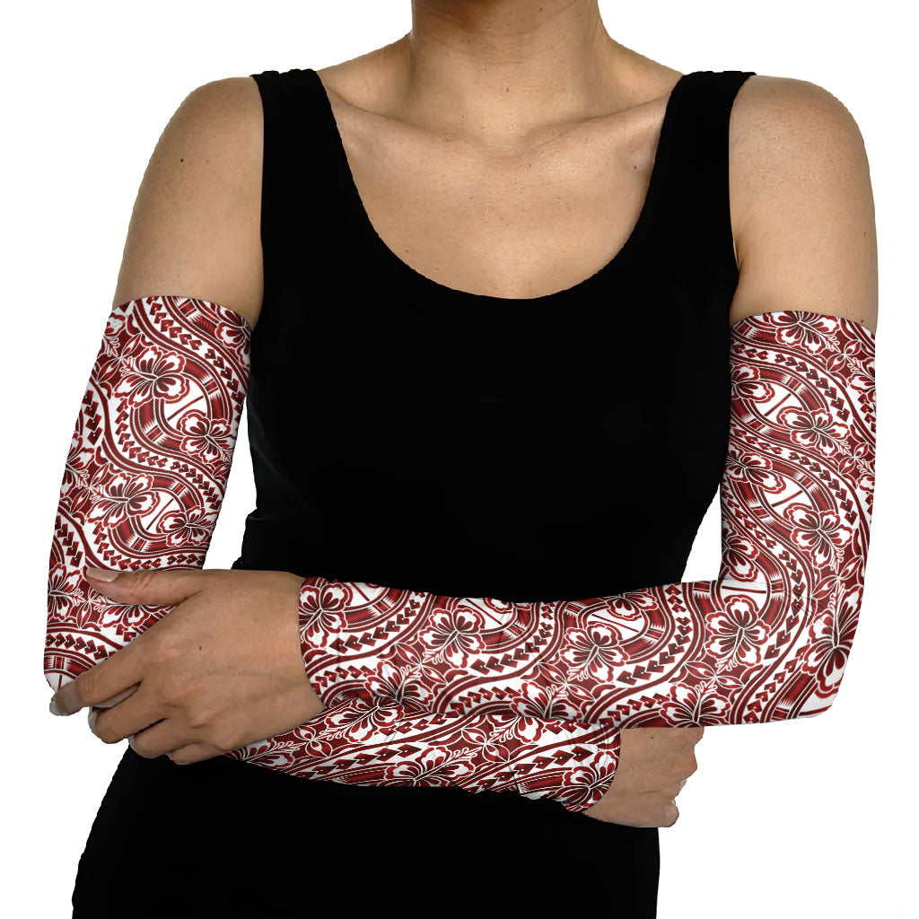 Hibiscus Bloom Island Tribal Waves Arm Sleeves Red Polynesian Pattern