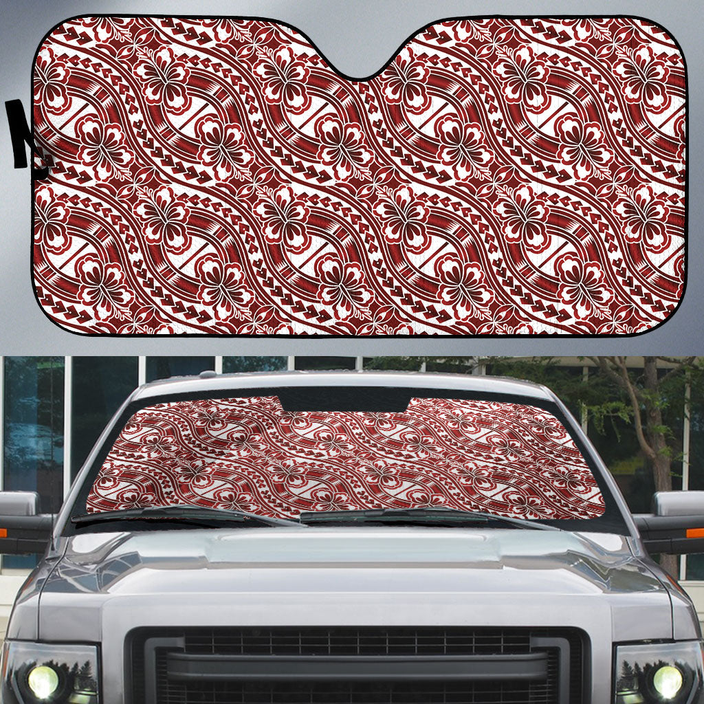 Hibiscus Bloom Island Tribal Waves Auto Sun Shade Red Polynesian Pattern