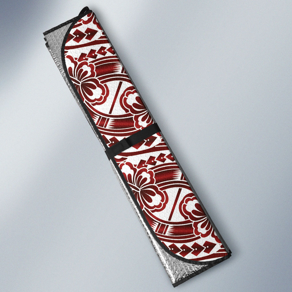 Hibiscus Bloom Island Tribal Waves Auto Sun Shade Red Polynesian Pattern