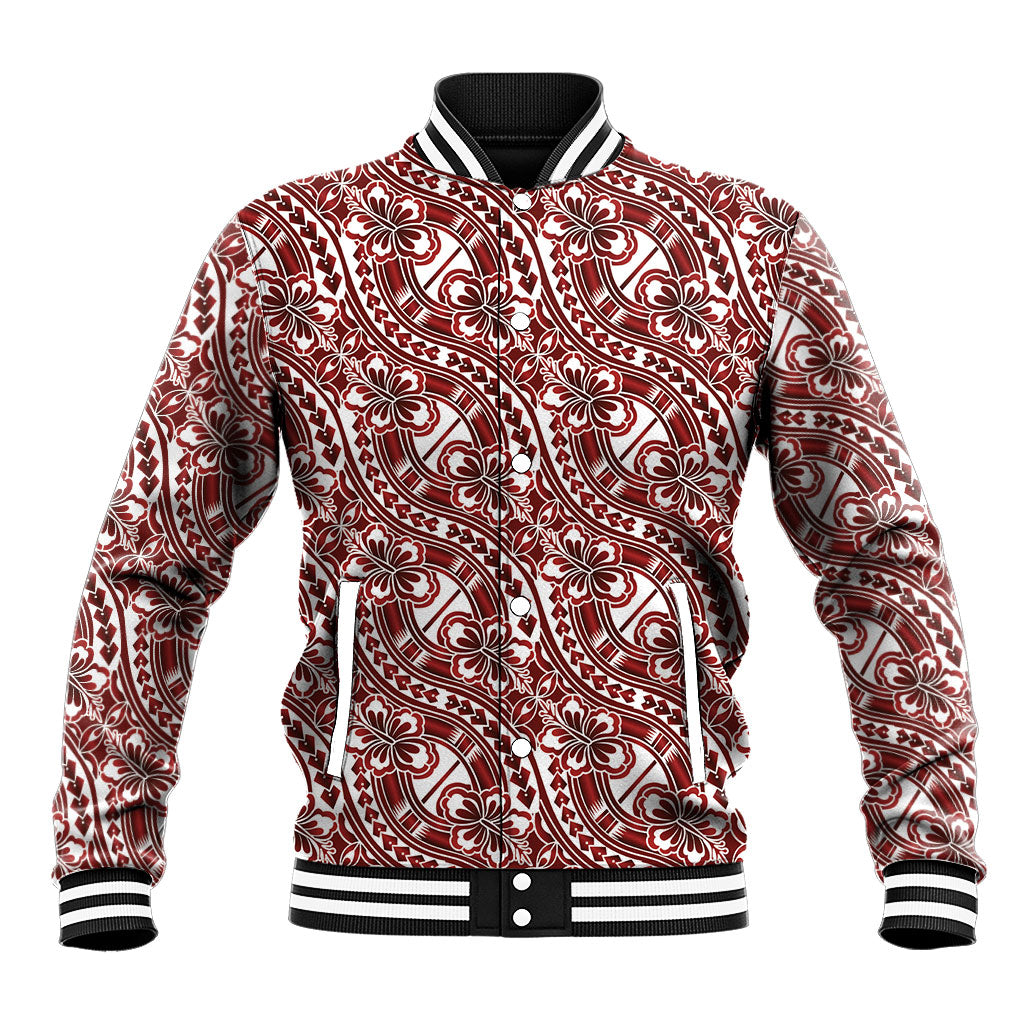 Hibiscus Bloom Island Tribal Waves Baseball Jacket Red Polynesian Pattern