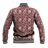 Hibiscus Bloom Island Tribal Waves Baseball Jacket Red Polynesian Pattern