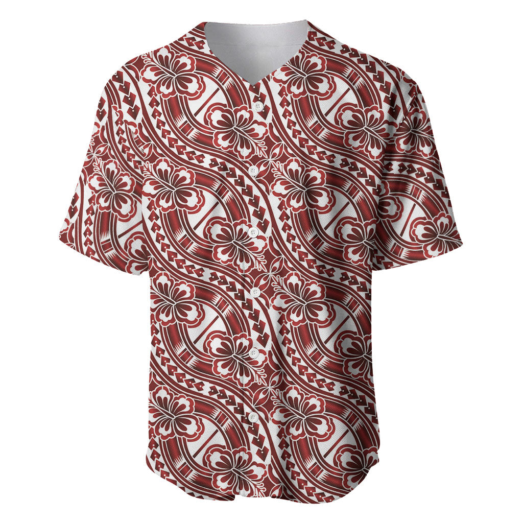 Hibiscus Bloom Island Tribal Waves Baseball Jersey Red Polynesian Pattern