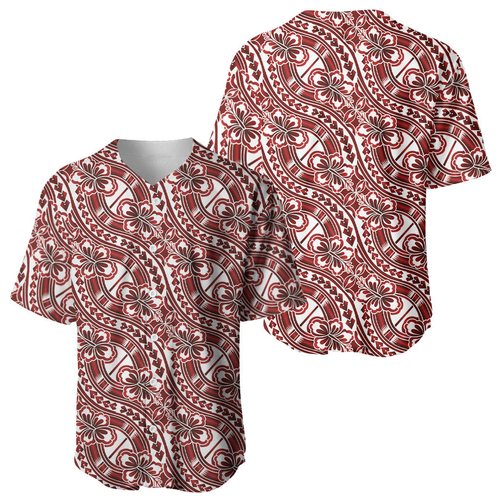 Hibiscus Bloom Island Tribal Waves Baseball Jersey Red Polynesian Pattern