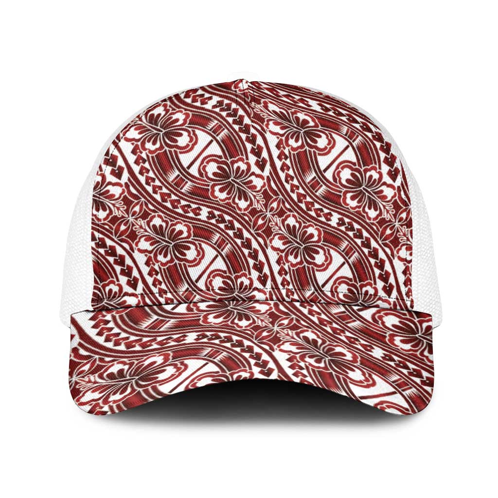 Hibiscus Bloom Island Tribal Waves Baseball Net Cap Red Polynesian Pattern