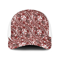 Hibiscus Bloom Island Tribal Waves Baseball Net Cap Red Polynesian Pattern