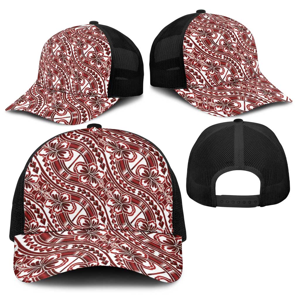 Hibiscus Bloom Island Tribal Waves Baseball Net Cap Red Polynesian Pattern