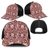 Hibiscus Bloom Island Tribal Waves Baseball Net Cap Red Polynesian Pattern