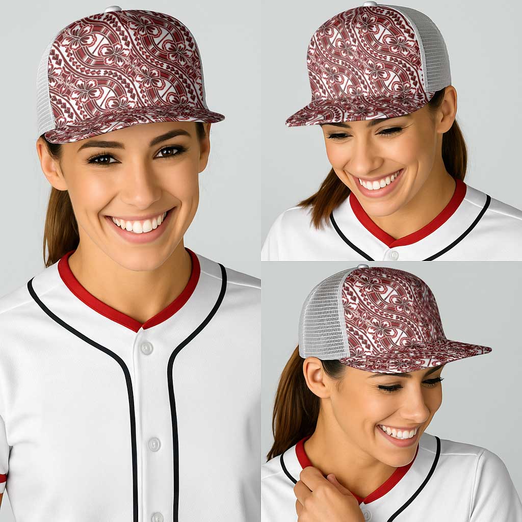 Hibiscus Bloom Island Tribal Waves Baseball Net Cap Red Polynesian Pattern