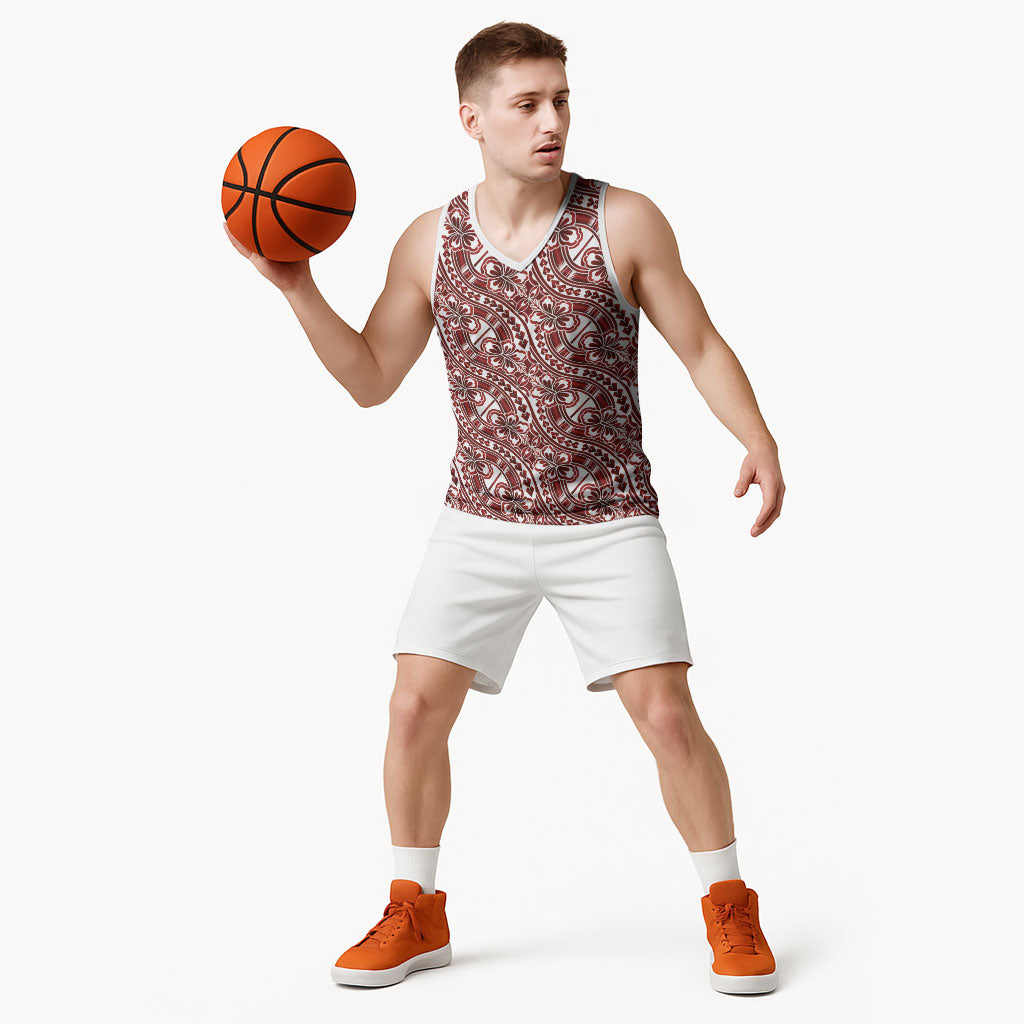 Hibiscus Bloom Island Tribal Waves Basketball Jersey Red Polynesian Pattern LT01 - Polynesian Pride