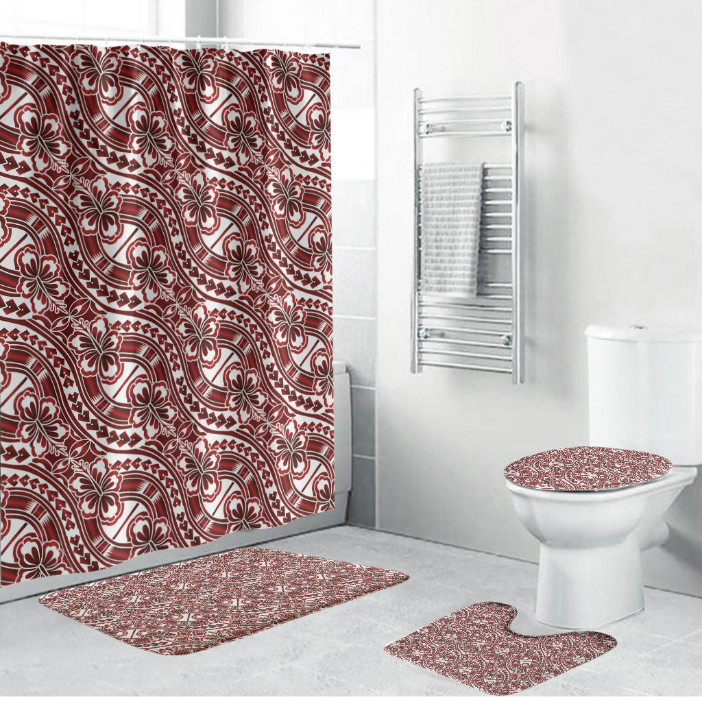Hibiscus Bloom Island Tribal Waves Bathroom Set Red Polynesian Pattern