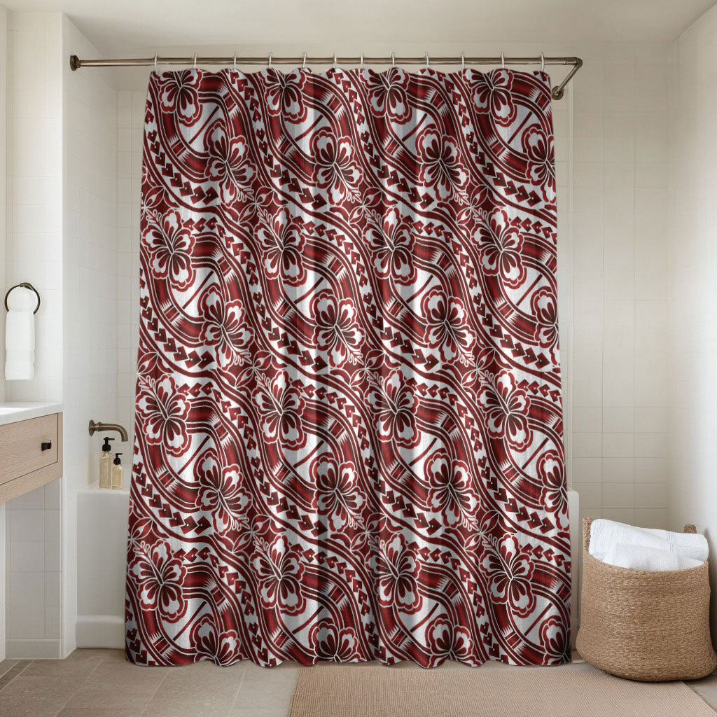 Hibiscus Bloom Island Tribal Waves Bathroom Set Red Polynesian Pattern
