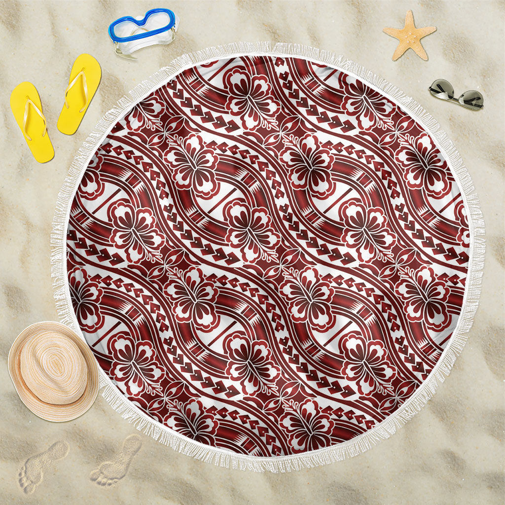 Hibiscus Bloom Island Tribal Waves Beach Blanket Red Polynesian Pattern