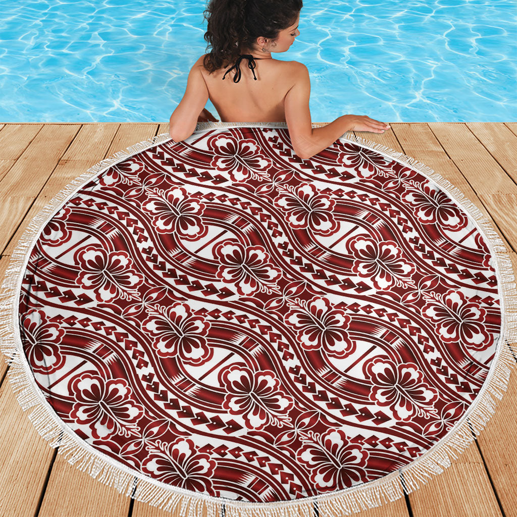 Hibiscus Bloom Island Tribal Waves Beach Blanket Red Polynesian Pattern