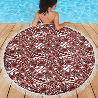 Hibiscus Bloom Island Tribal Waves Beach Blanket Red Polynesian Pattern