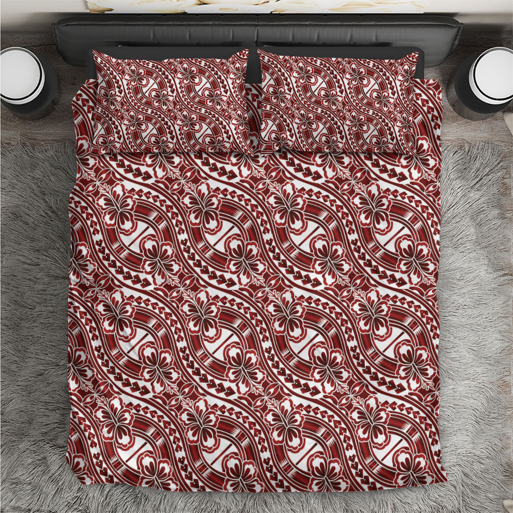 Hibiscus Bloom Island Tribal Waves Bedding Set Red Polynesian Pattern