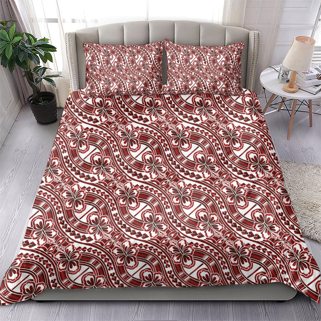 Hibiscus Bloom Island Tribal Waves Bedding Set Red Polynesian Pattern