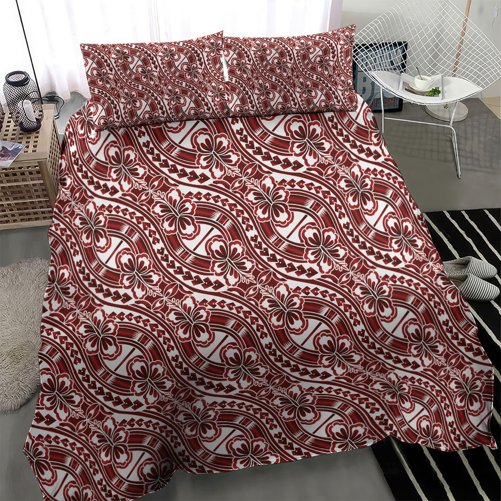 Hibiscus Bloom Island Tribal Waves Bedding Set Red Polynesian Pattern
