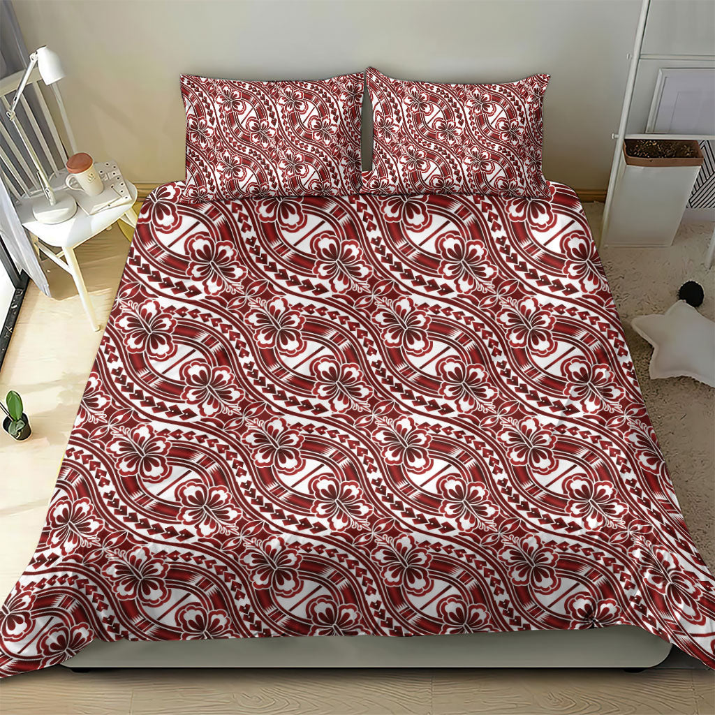 Hibiscus Bloom Island Tribal Waves Bedding Set Red Polynesian Pattern