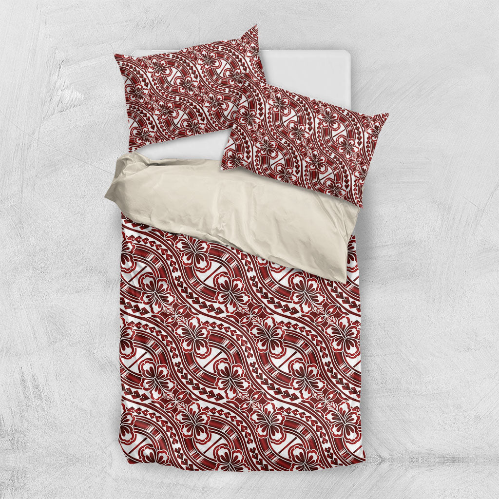 Hibiscus Bloom Island Tribal Waves Bedding Set Red Polynesian Pattern
