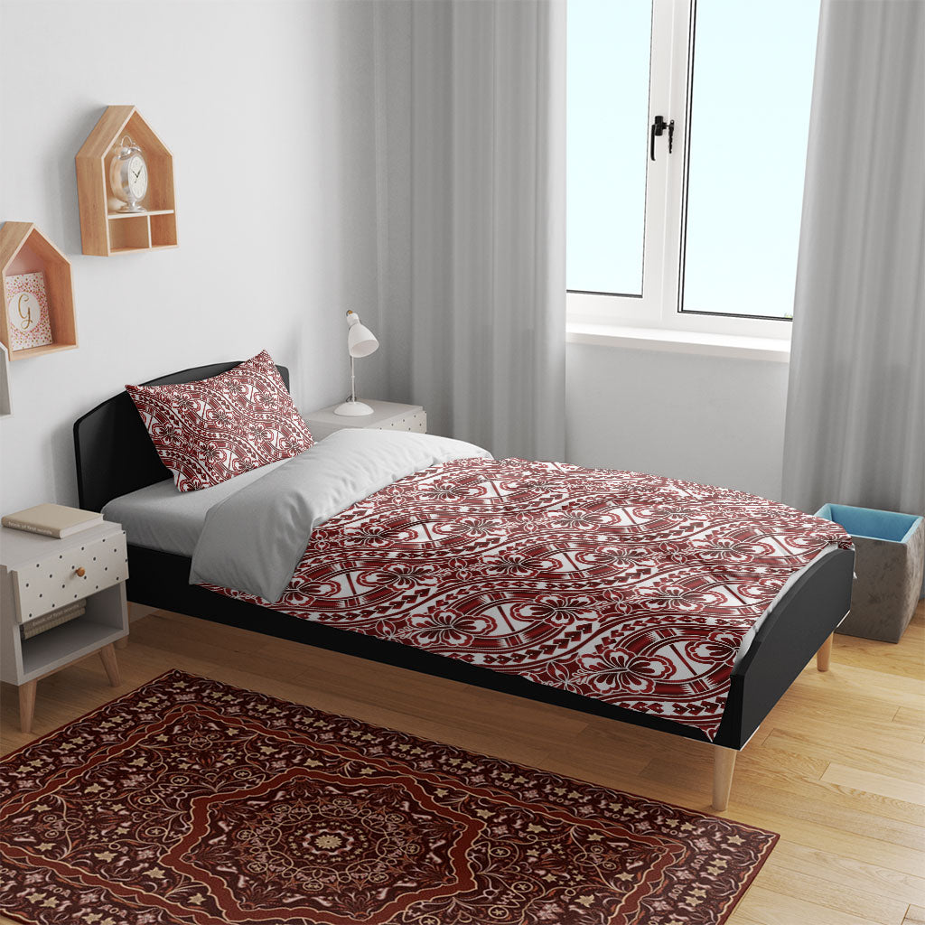 Hibiscus Bloom Island Tribal Waves Bedding Set Red Polynesian Pattern