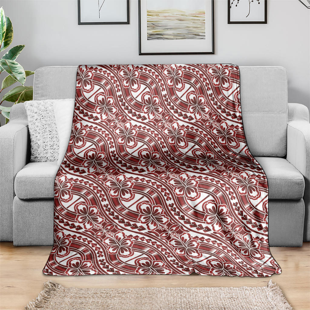 Hibiscus Bloom Island Tribal Waves Blanket Red Polynesian Pattern