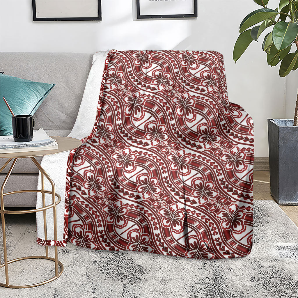 Hibiscus Bloom Island Tribal Waves Blanket Red Polynesian Pattern
