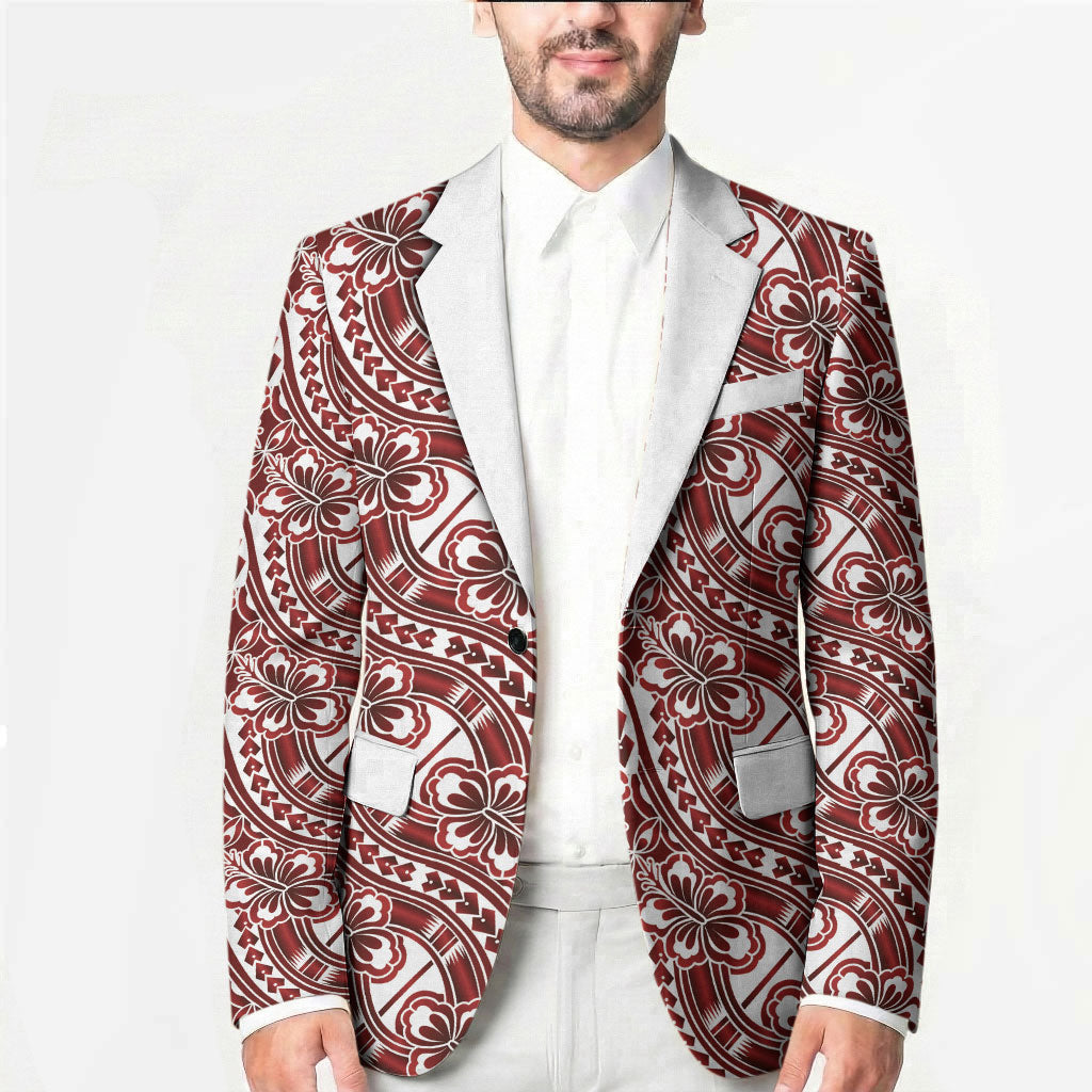 Hibiscus Bloom Island Tribal Waves Blazer Red Polynesian Pattern