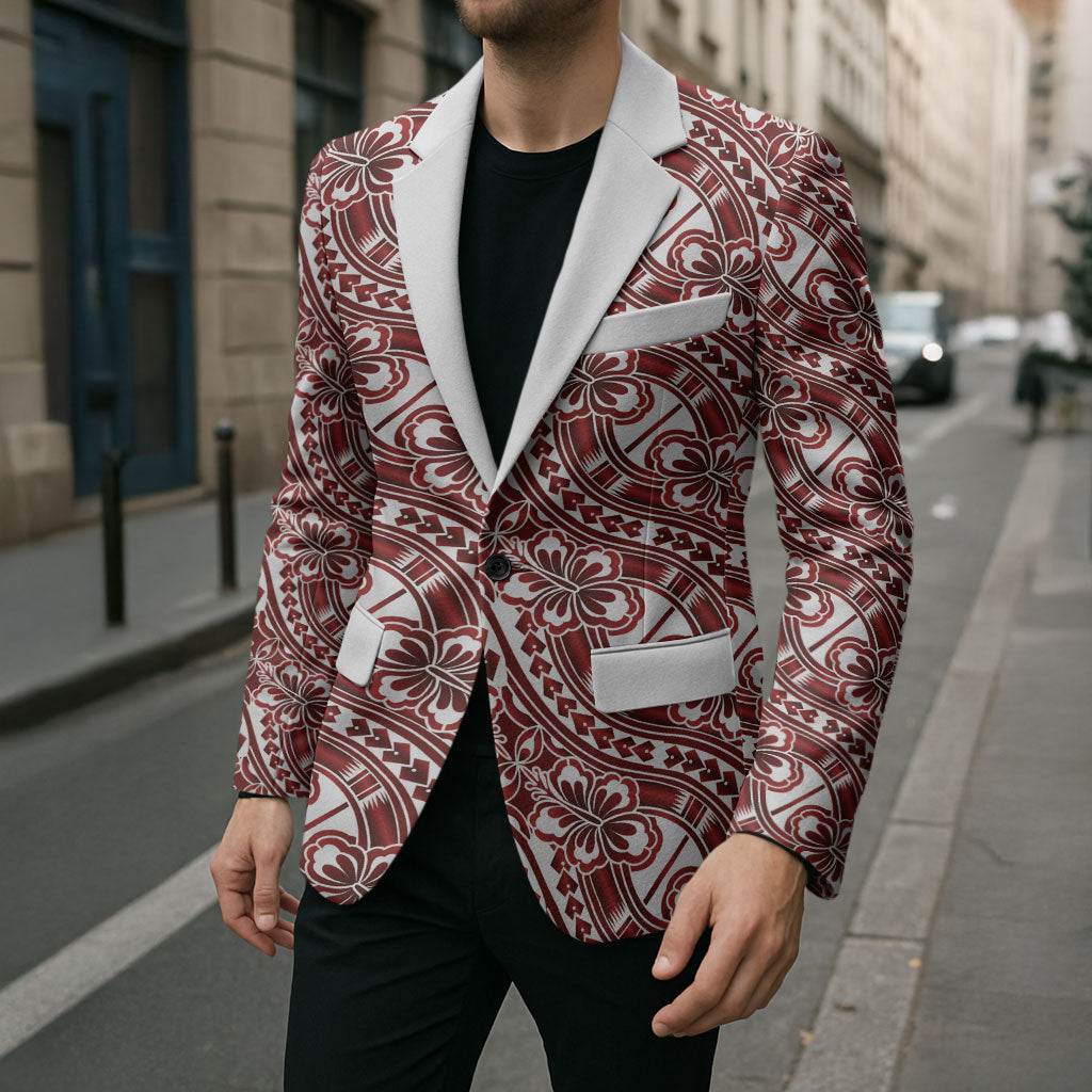 Hibiscus Bloom Island Tribal Waves Blazer Red Polynesian Pattern