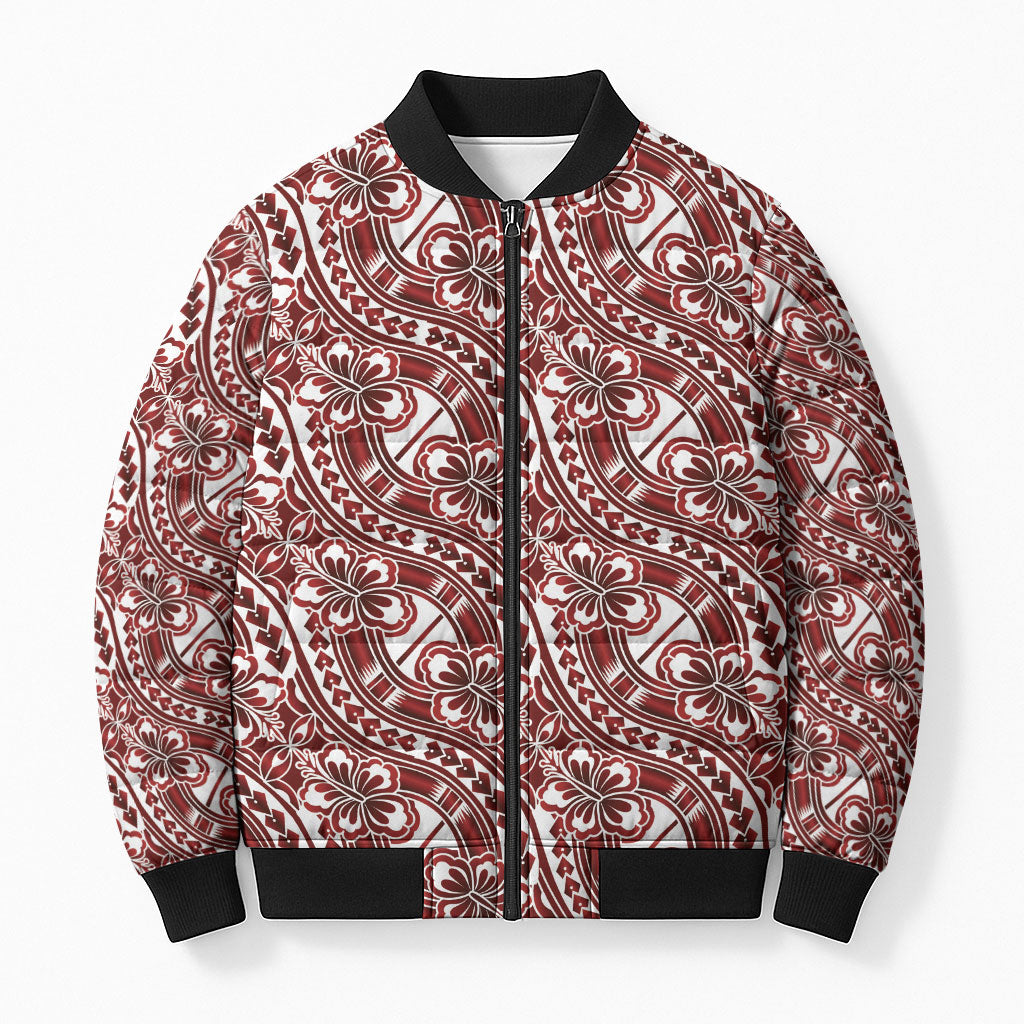 Hibiscus Bloom Island Tribal Waves Bomber Puffer Jacket Red Polynesian Pattern