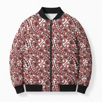 Hibiscus Bloom Island Tribal Waves Bomber Puffer Jacket Red Polynesian Pattern