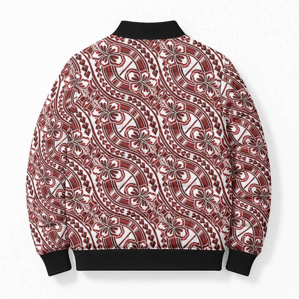 Hibiscus Bloom Island Tribal Waves Bomber Puffer Jacket Red Polynesian Pattern